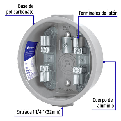 Base para watthorímetro, 4 terminales, Volteck | BASE-4 | 46025