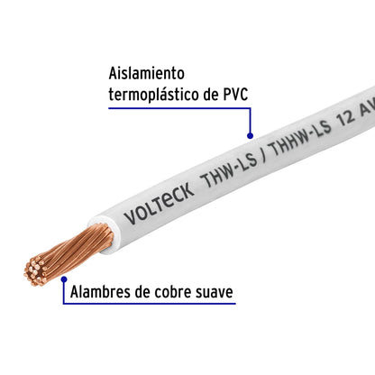 Rollo de 100 m de cable THHW-LS 12 AWG blanco, Volteck | CAB-12B | 46056
