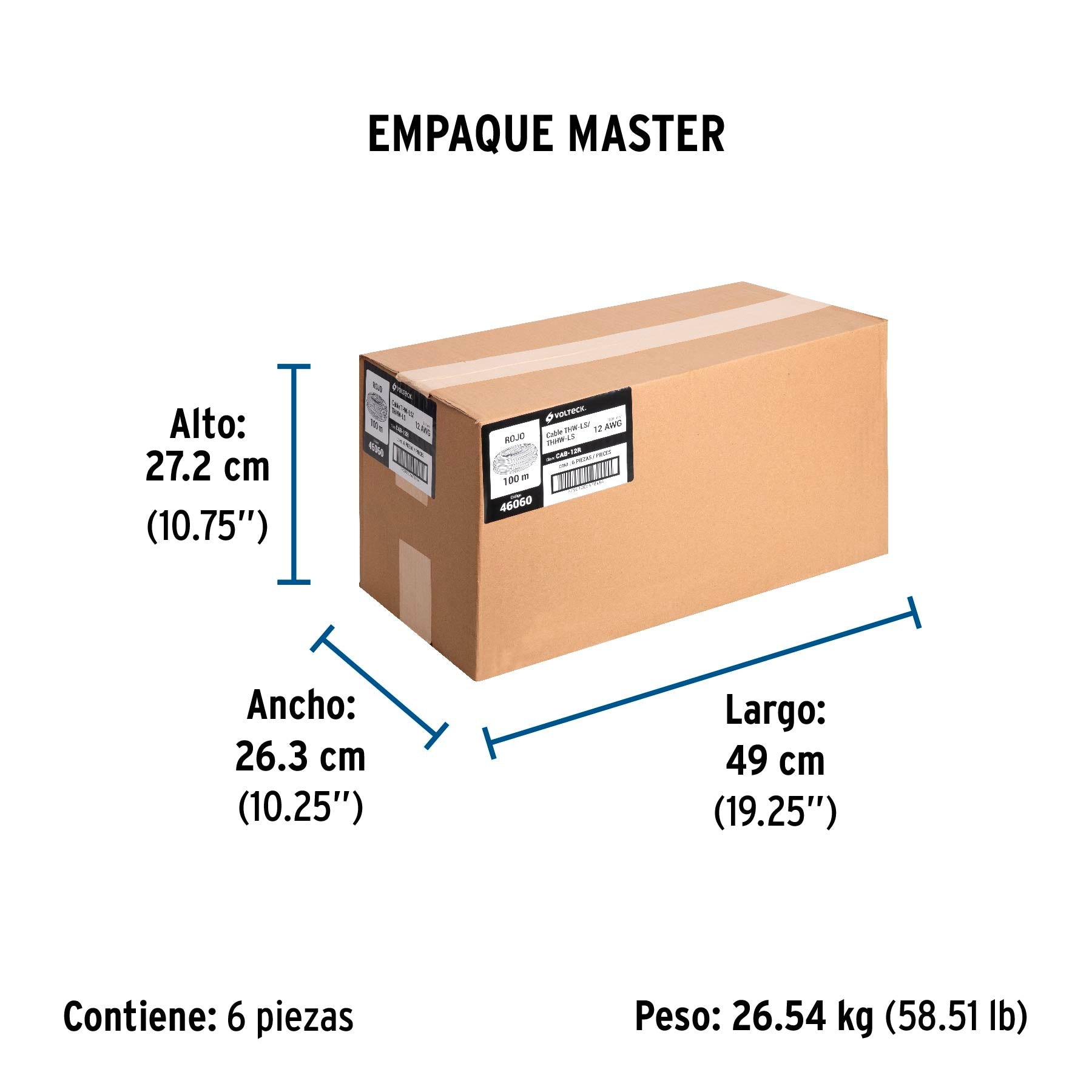 Rollo de 100 m de cable THHW-LS 12 AWG rojo, Volteck | CAB-12R | 46060