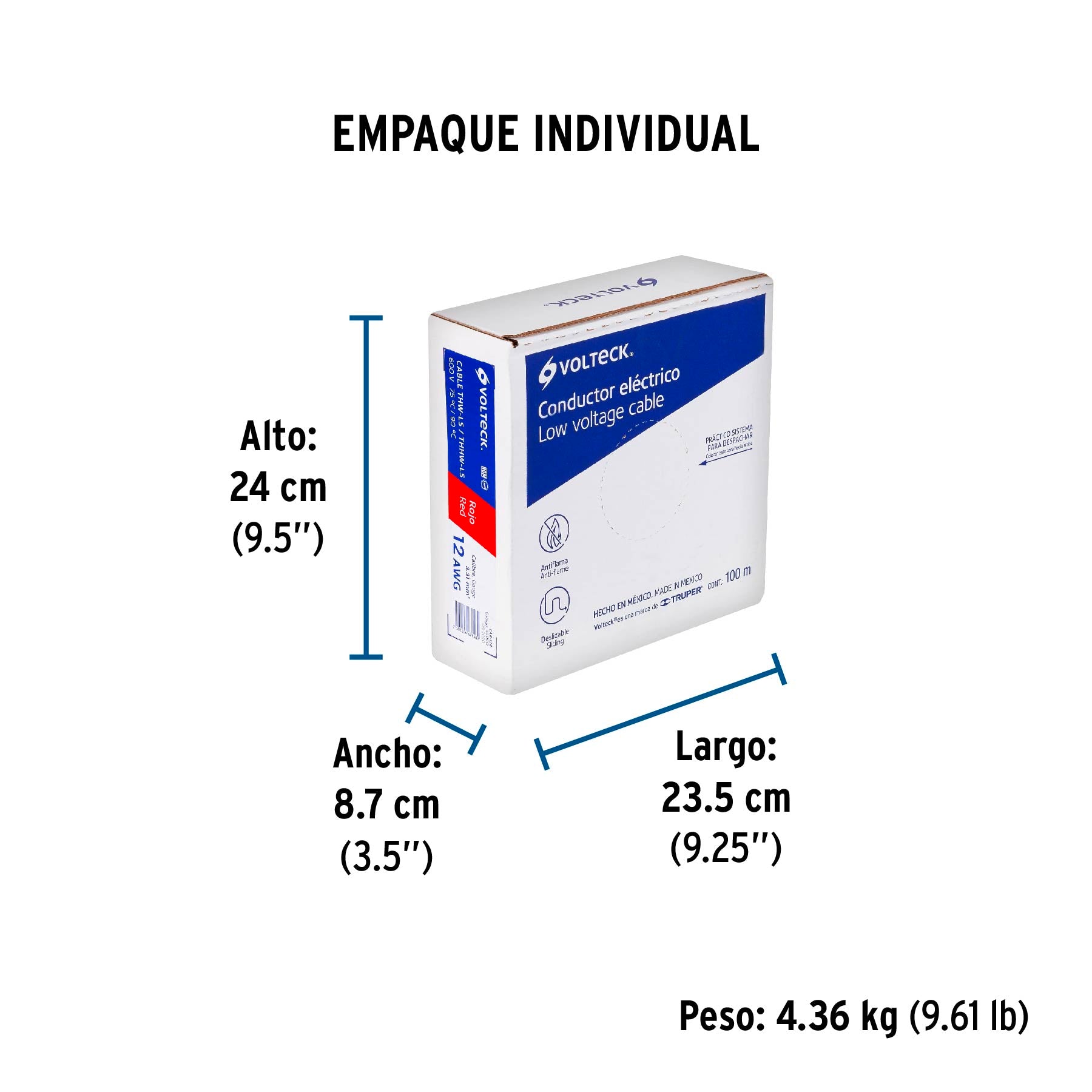Rollo de 100 m de cable THHW-LS 12 AWG rojo, Volteck | CAB-12R | 46060