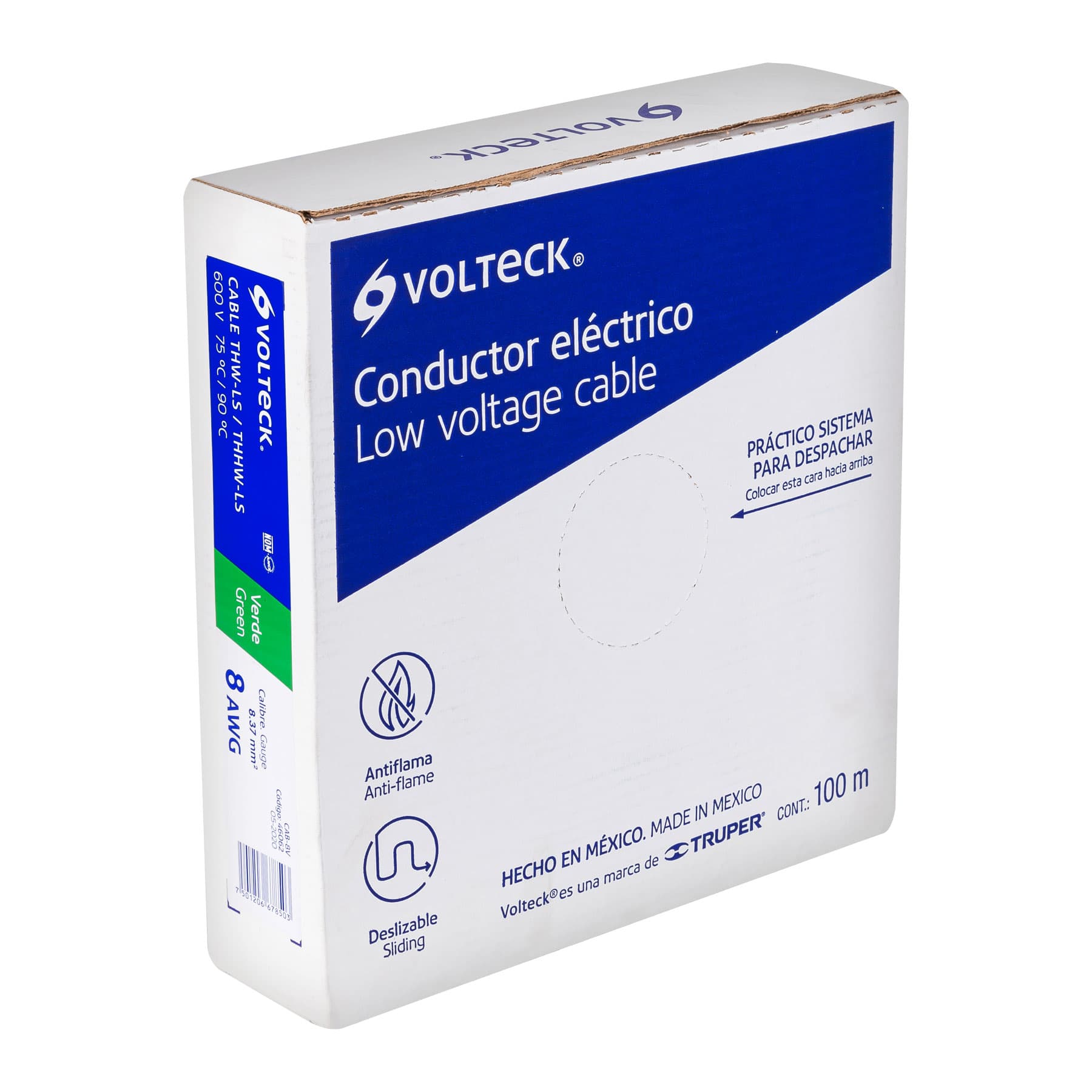 Rollo de 100 m de cable THHW-LS 8 AWG verde, Volteck | CAB-8V | 46062