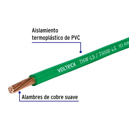 Rollo de 100 m de cable THHW-LS 10 AWG verde, Volteck | CAB-10V | 46063