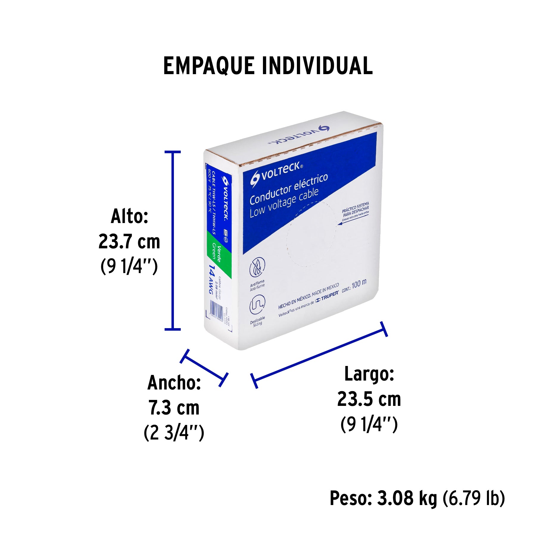 Rollo de 100 m de cable THHW-LS 14 AWG verde, Volteck | CAB-14V | 46065