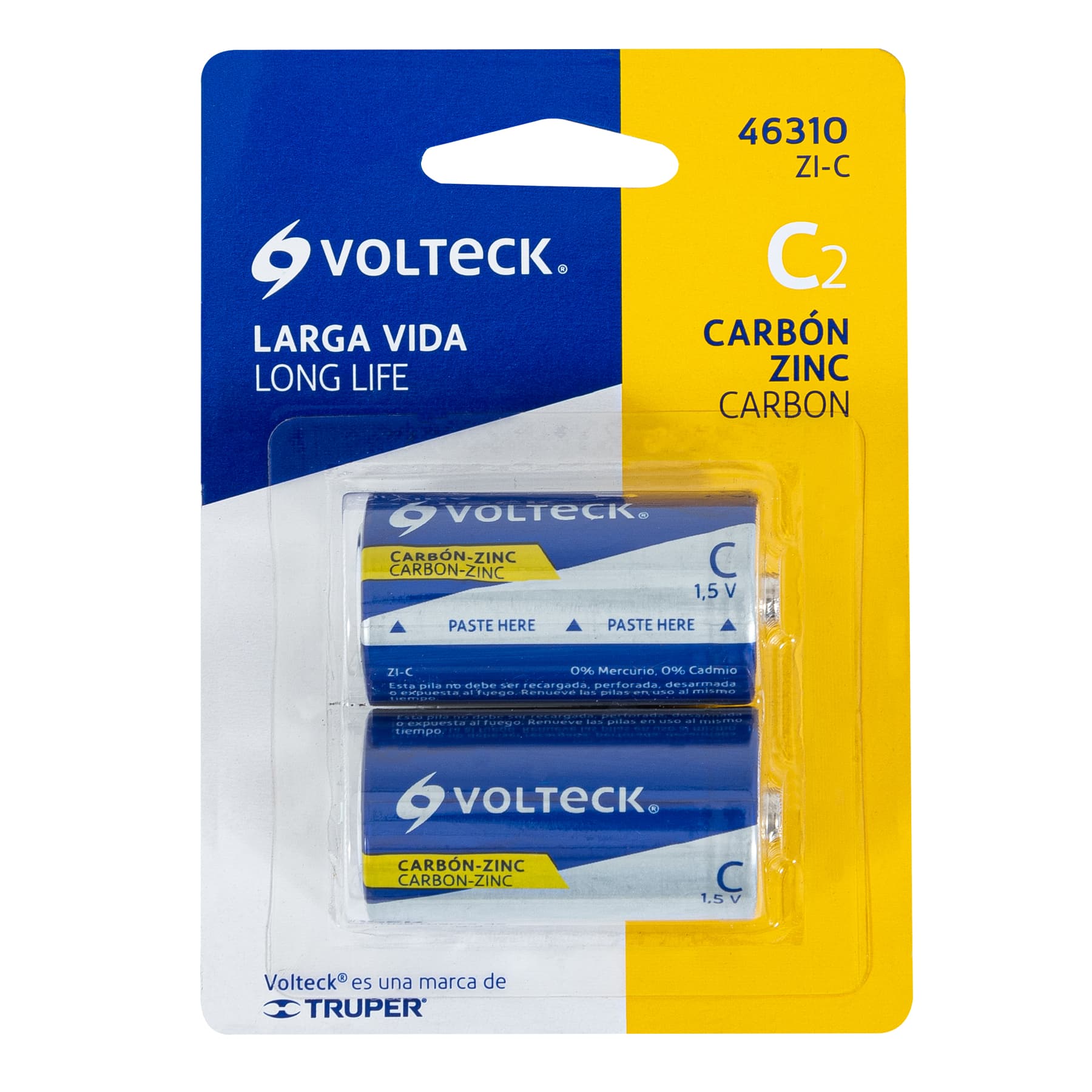 Blíster con 2 pilas zinc-carbón C, VOLTECK | ZI-C | 46310