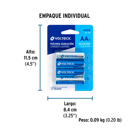 Blíster con 4 pilas alcalinas AA, VOLTECK | AL-AA | 46315