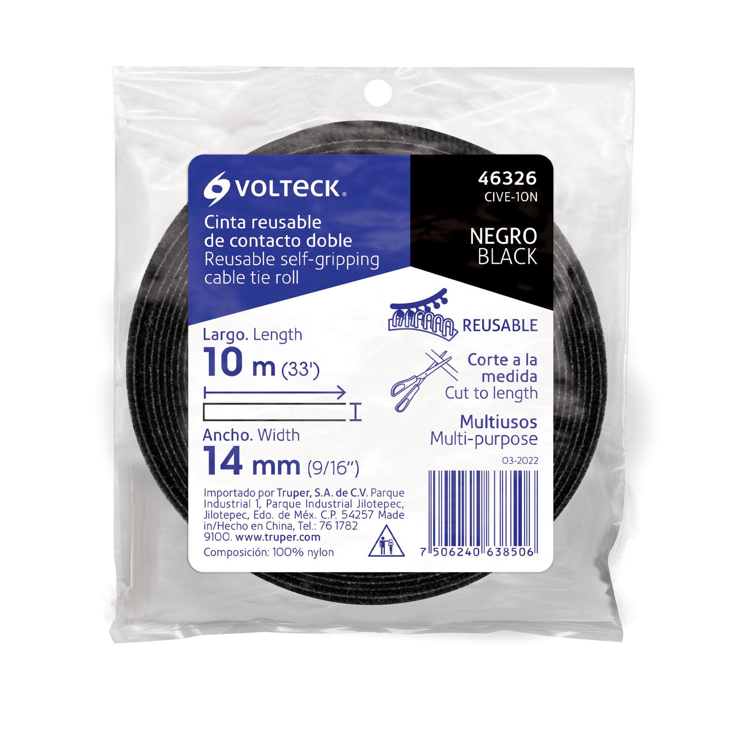 Rollo de 10 m de cinta reusable de contacto doble, Volteck | CIVE-10N | 46326