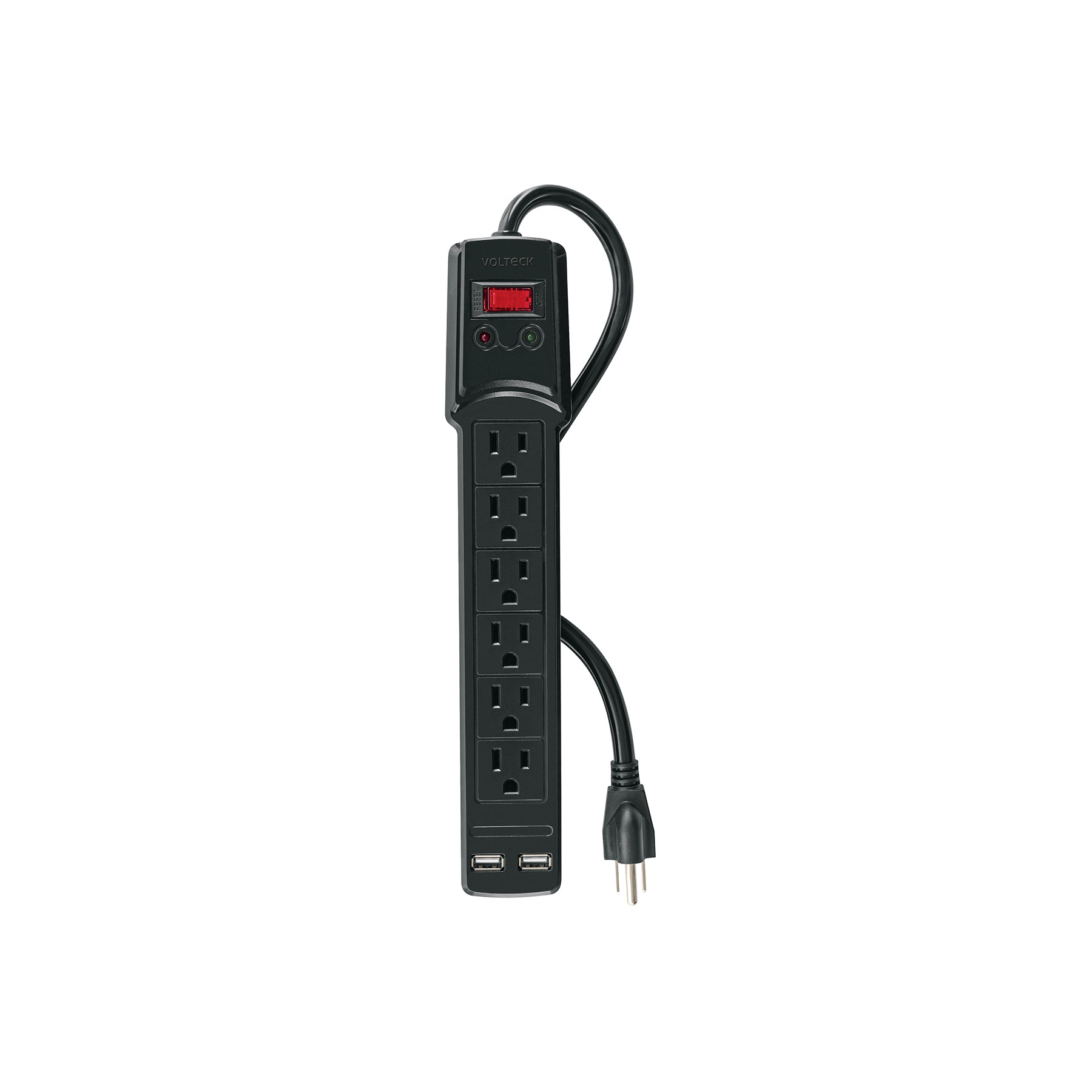 Multicontacto 14 AWG 6 entradas 2 ptos. USB sup. 150J, negro | MUL-615UN | 46328