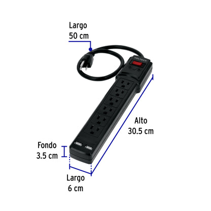 Multicontacto 14 AWG 6 entradas 2 ptos. USB sup. 150J, negro | MUL-615UN | 46328