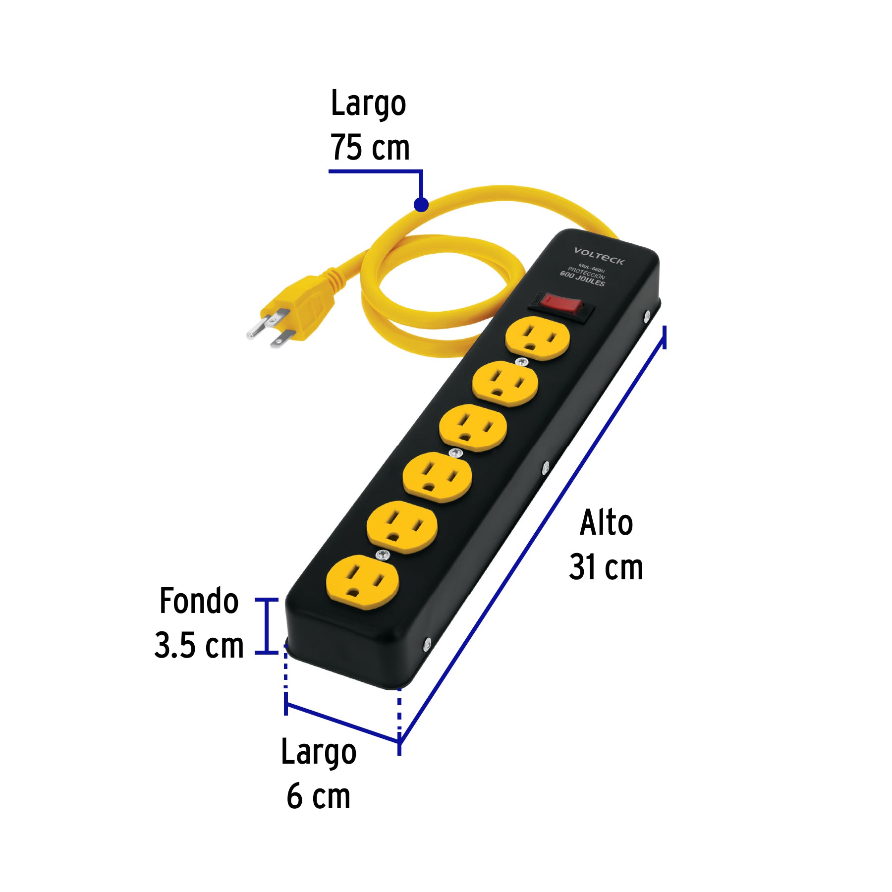 Multicontacto 14 AWG, 6 entradas sup. de picos 600 J, negro | MUL-660N | 46719