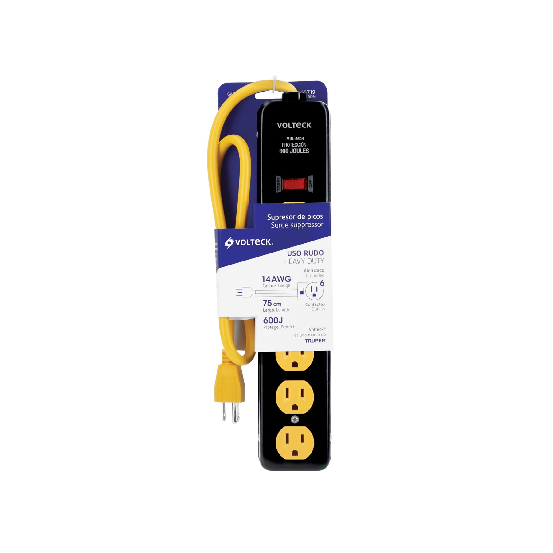 Multicontacto 14 AWG, 6 entradas sup. de picos 600 J, negro | MUL-660N | 46719