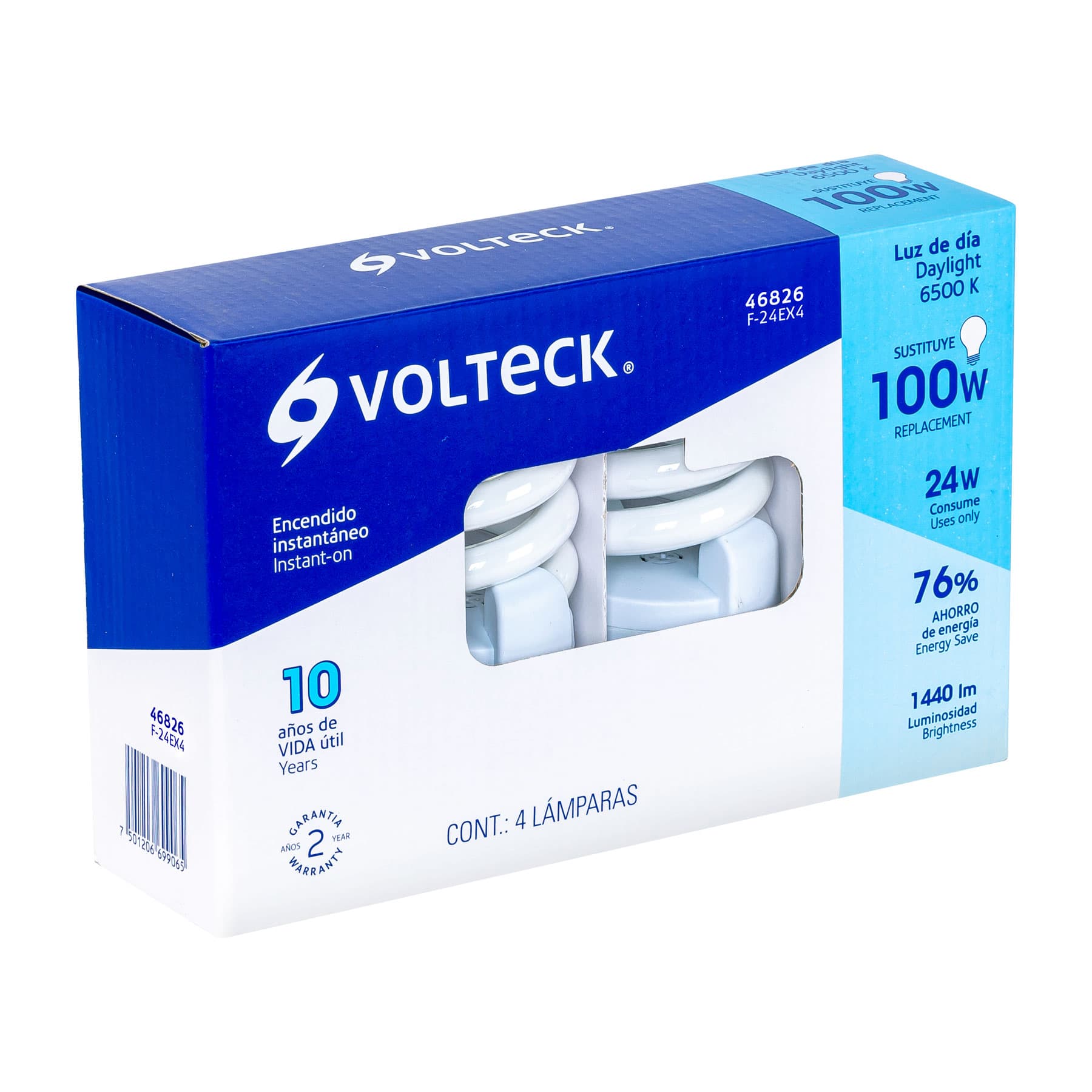 Pack 4 lámparas espiral T4 24 W luz de día, caja, Volteck | F-24EX4 | 46826