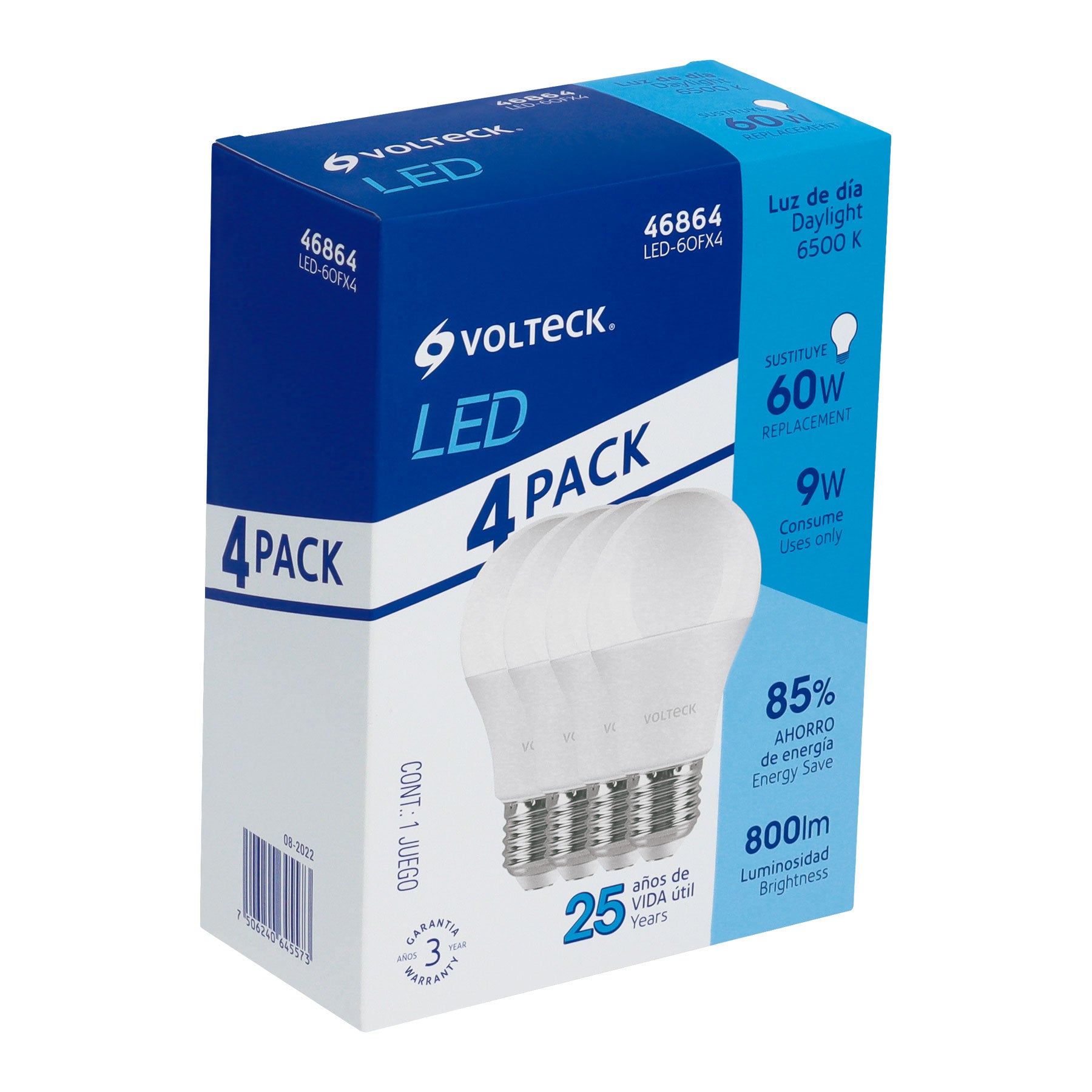 Pack de 4 lámparas LED A19 9 W (equiv. 60 W), luz de día | LED-60FX4 | 46864