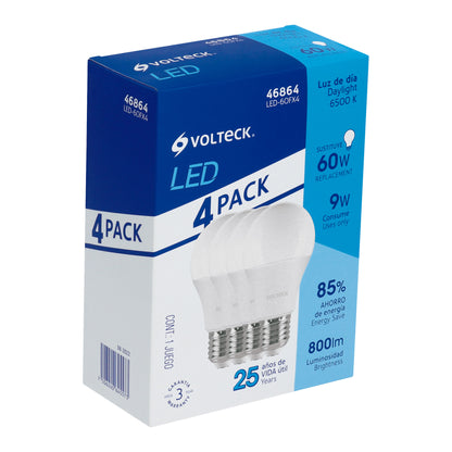 Pack de 4 lámparas LED A19 9 W (equiv. 60 W), luz de día | LED-60FX4 | 46864