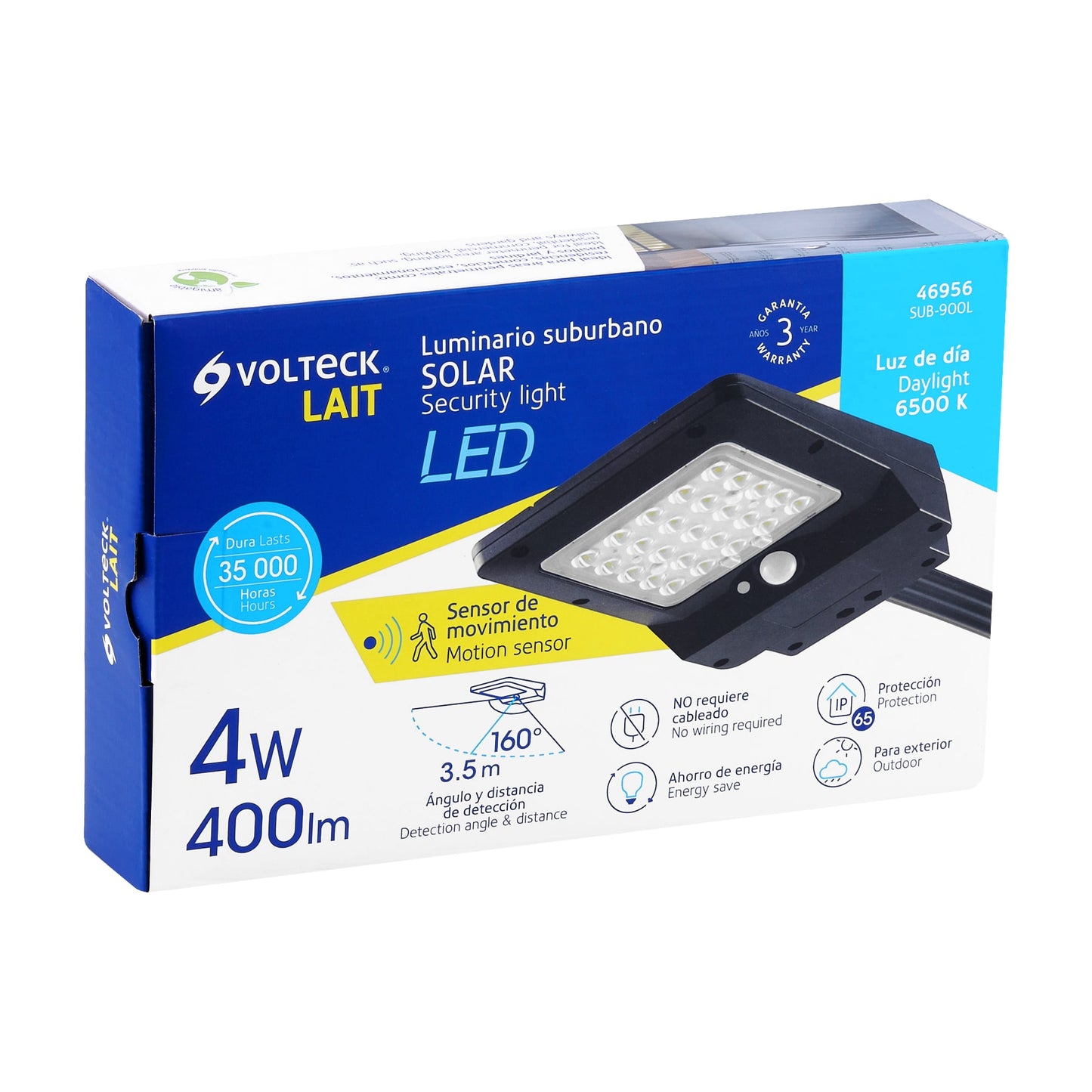 Luminario suburbano solar LED 4 W 6500 K con sensor de luz | SUB-900L | 46956