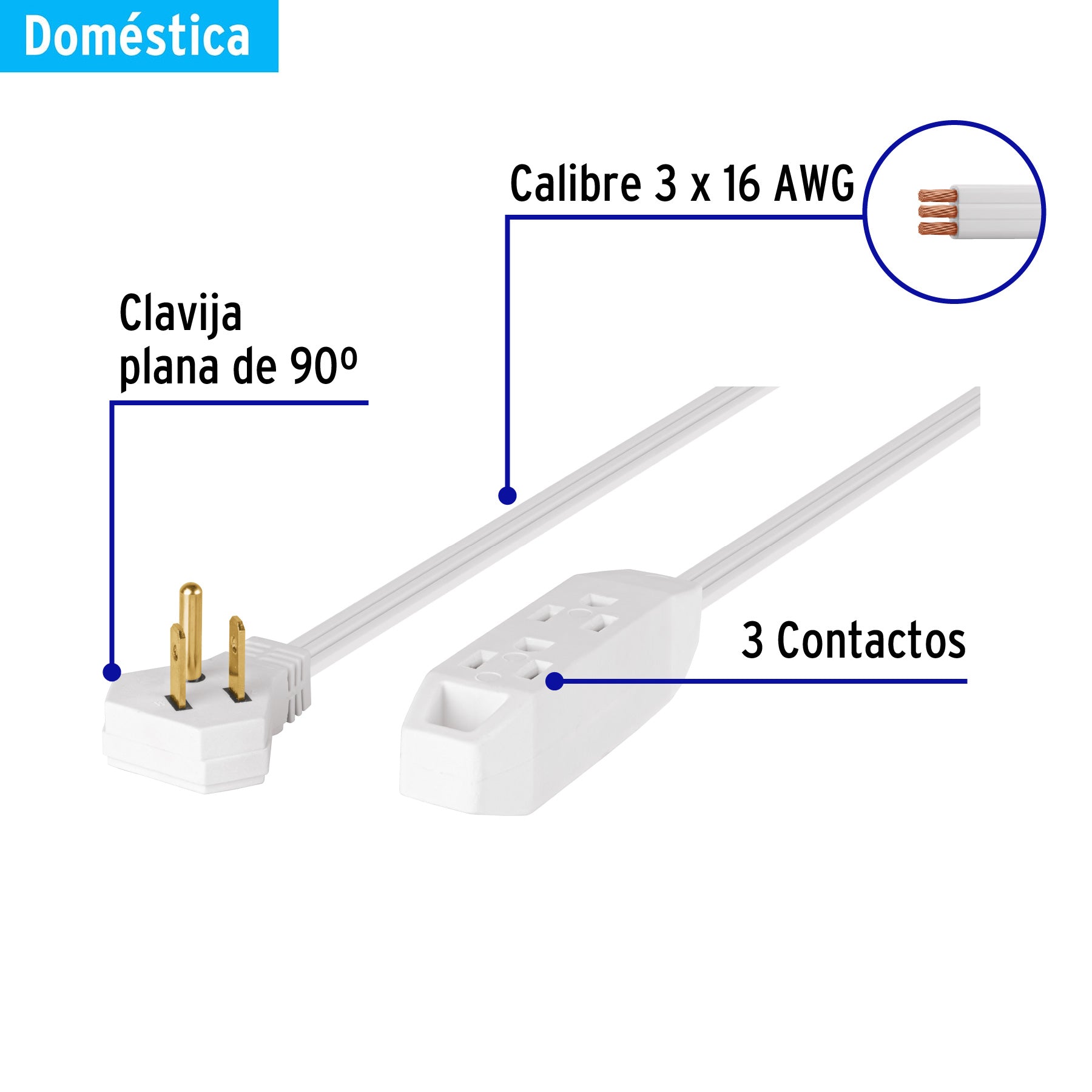 Extensión doméstica aterrizada 3 m blanca con clavija plana | EDA-3B | 46988