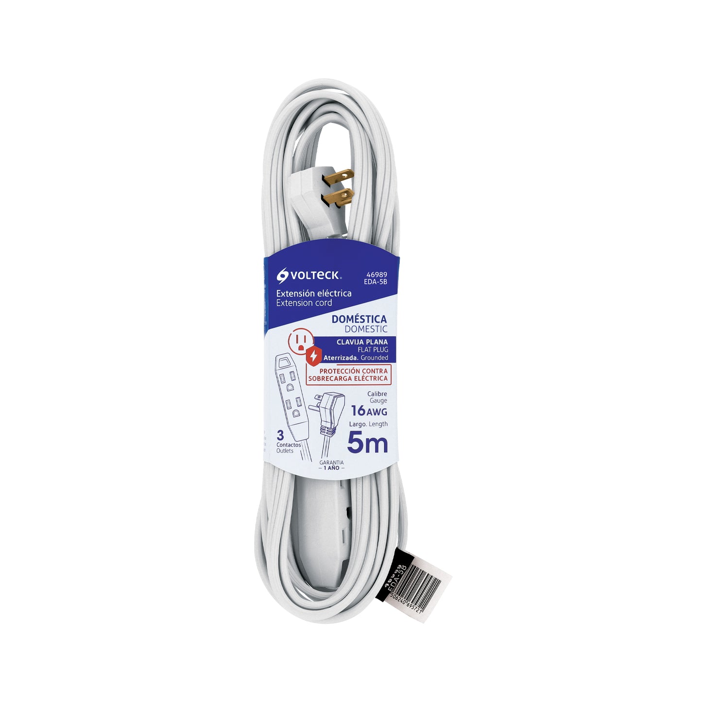 Extensión doméstica aterrizada 5 m blanca con clavija plana | EDA-5B | 46989