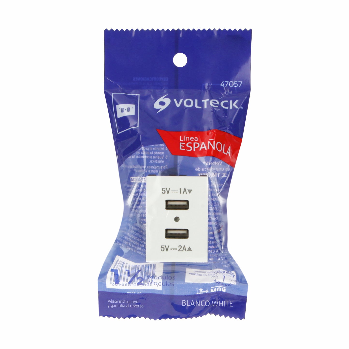 Toma con 2 puertos USB, 1.5 módulos, línea Española, blanco | C2USB-EB | 47057