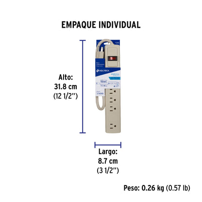 Multicontacto 16 AWG uso rudo con 6 entradas, Volteck | MUL-6 | 47182