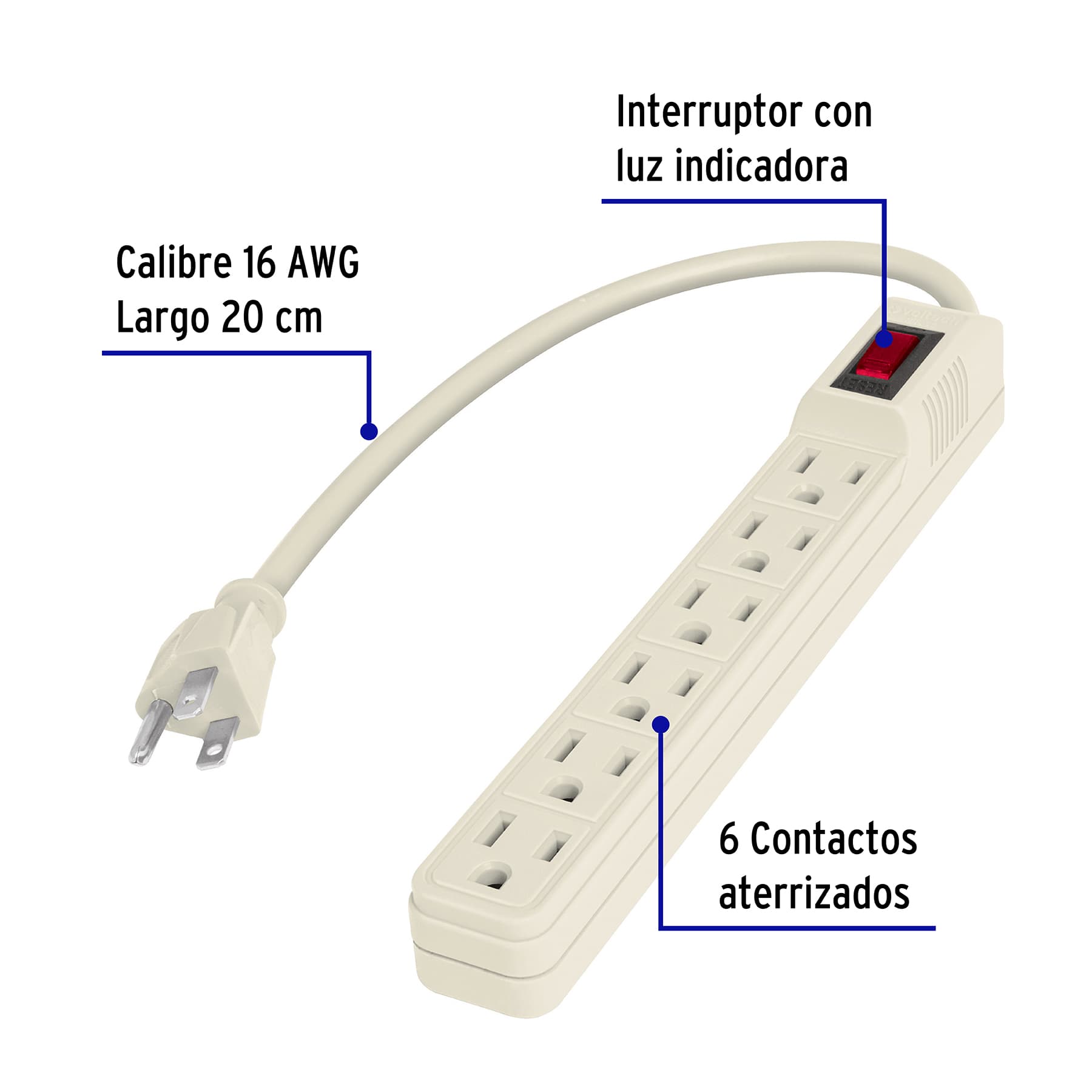 Multicontacto 16 AWG doméstico 6 entradas, Volteck | MUL-6E | 47188
