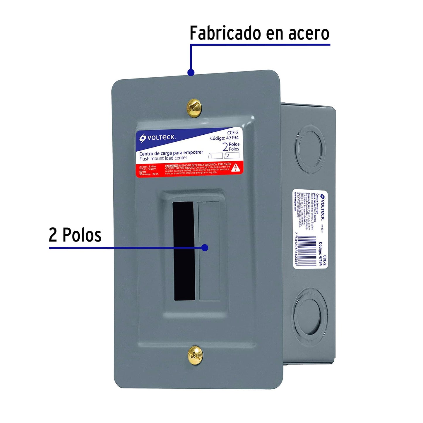 Centro de carga empotrable, 2 polos, Volteck | CCE-2 | 47194