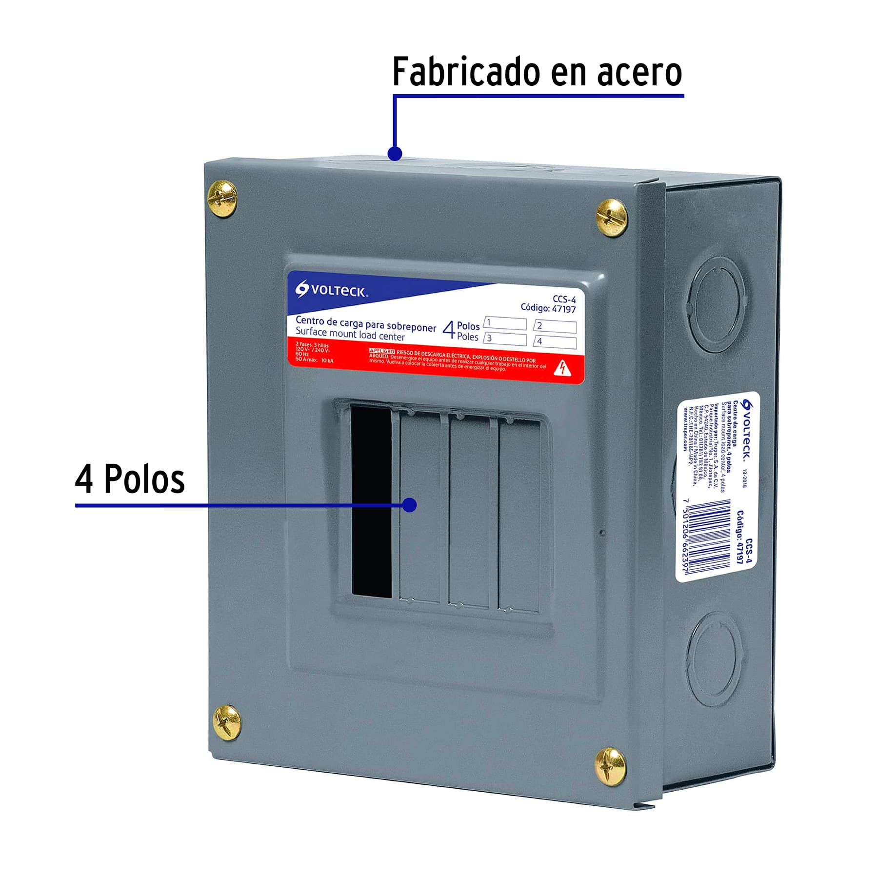 Centro de carga de sobreponer, 4 polos, Volteck | CCS-4 | 47197