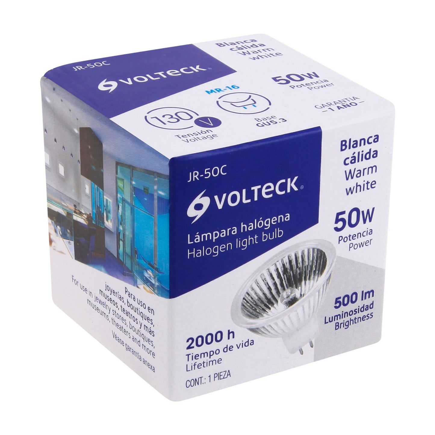 Lámpara de halógeno transp. 50 W tipo MR16 en caja, Volteck | JR-50C | 47254