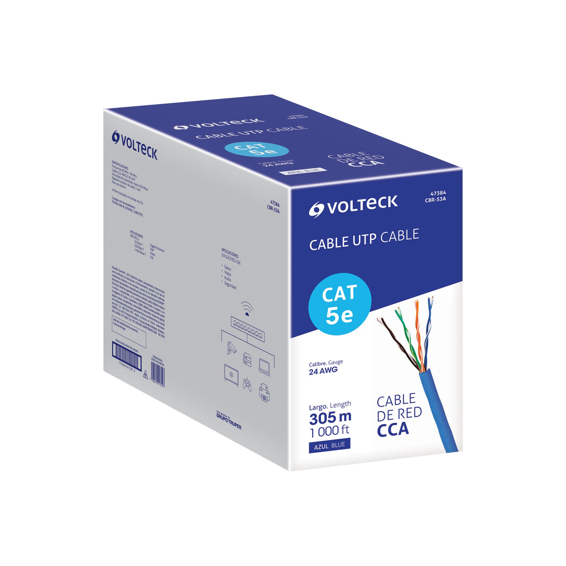 Metro de cable UTP CAT5E, Bobina de 305m, azul, VOLTECK | CBR-53A | 47384