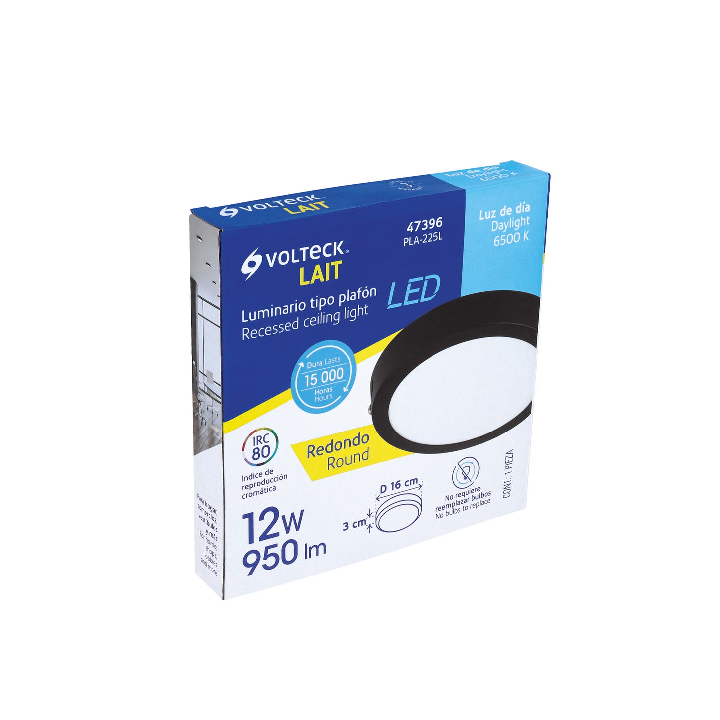 Luminario LED plafón 12W 6500K, redondo, negro, VOLTECK | PLA-225L | 47396