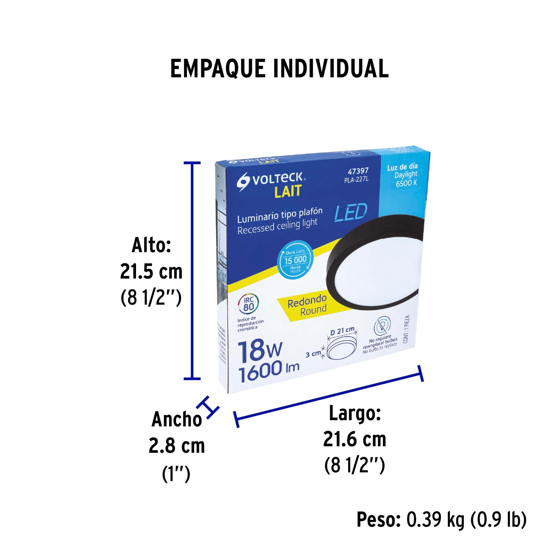 Luminario LED plafón 18W 6500K, redondo, negro, VOLTECK | PLA-227L | 47397
