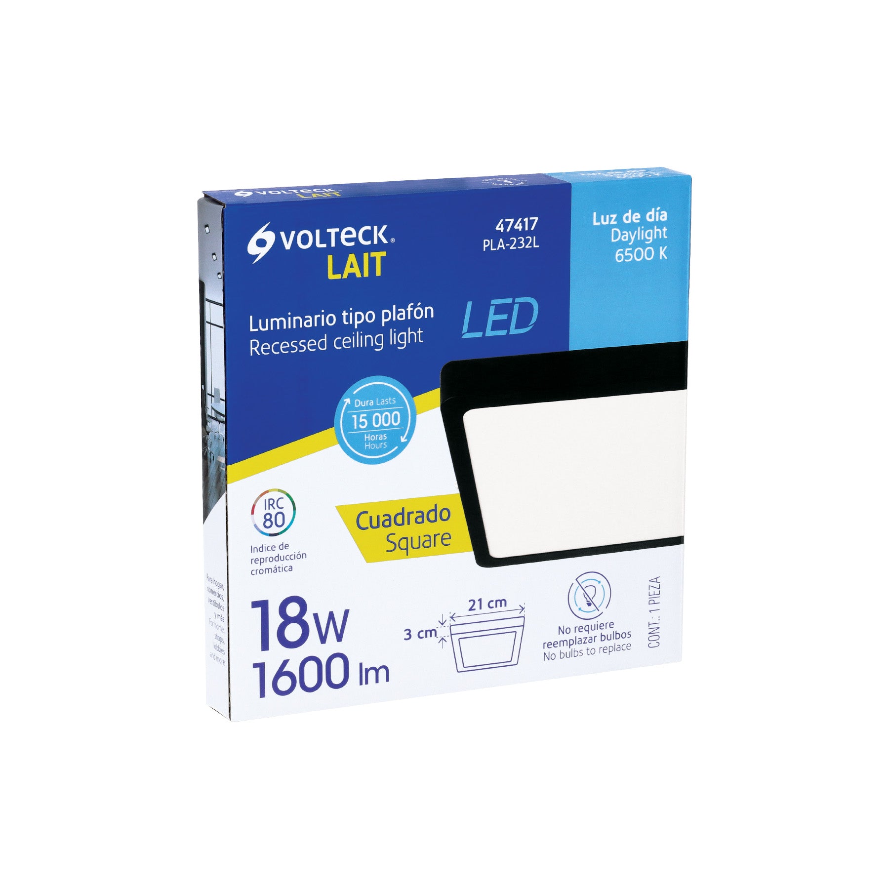 Luminario LED plafón 18W 6500K, cuadrado, negro, VOLTECK | PLA-232L | 47417