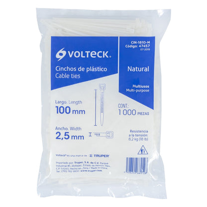 Bolsa con 1000 cinchos plásticos 18lb, 100x2.5 mm, naturales | CIN-1810-M | 47457