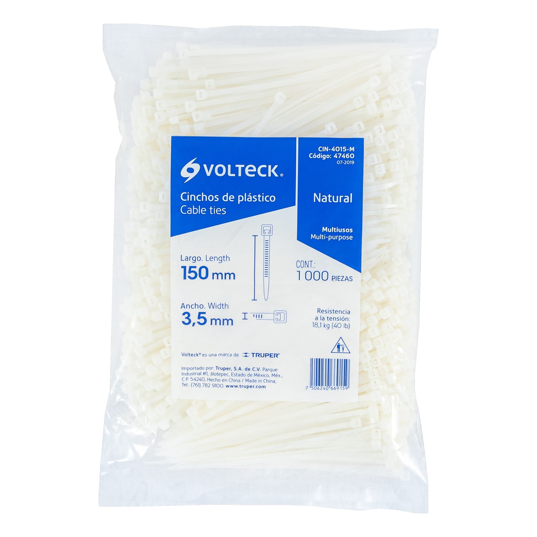 Bolsa con 1000 cinchos plásticos 40lb, 150x3.5 mm, naturales | CIN-4015-M | 47460