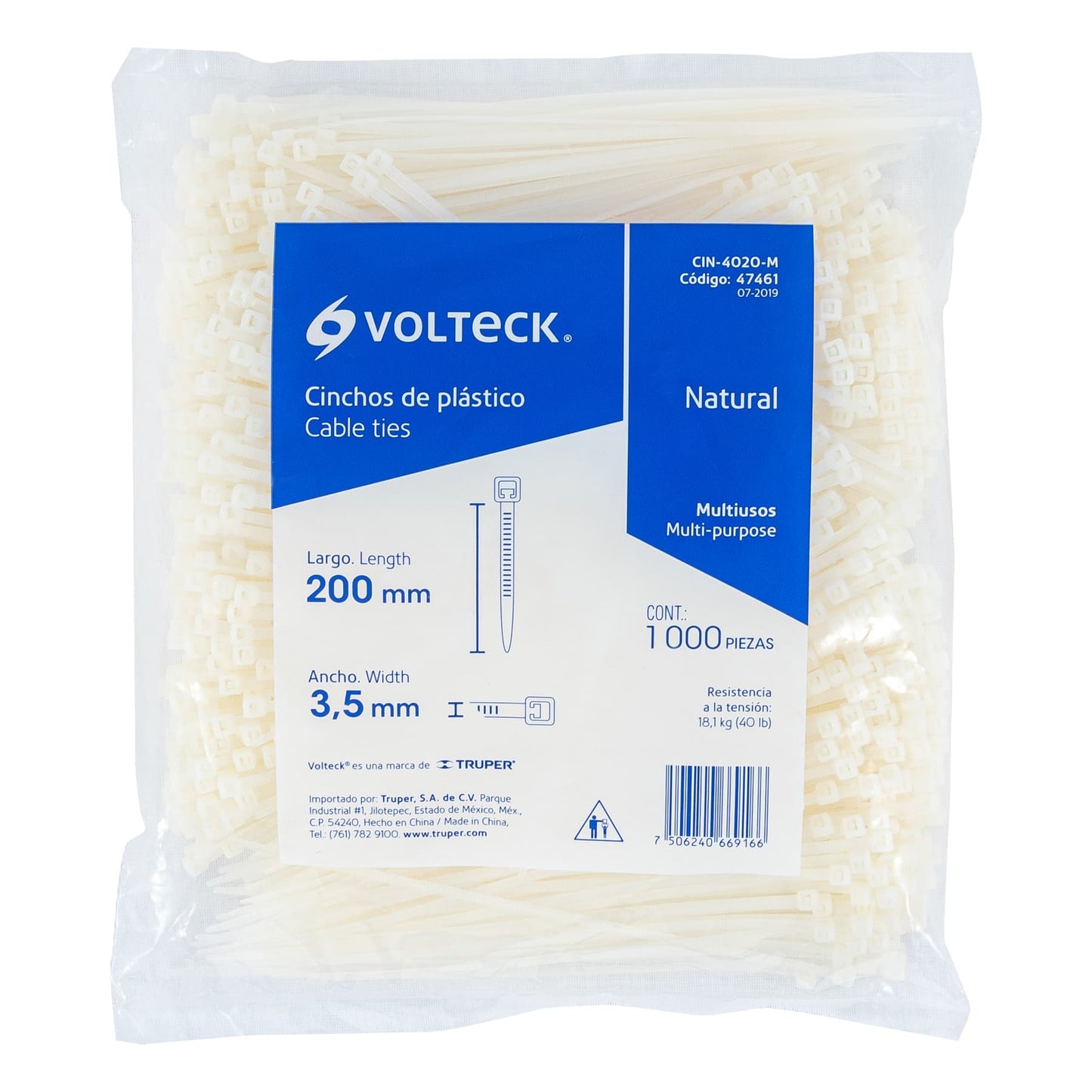 Bolsa con 1000 cinchos plásticos 40lb, 200x3.5 mm, naturales | CIN-4020-M | 47461