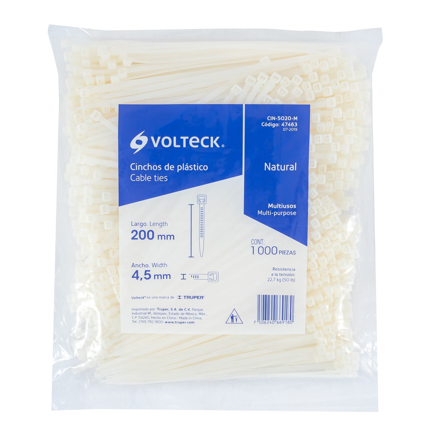 Bolsa con 1000 cinchos plásticos 50lb, 200x4.5 mm, naturales | CIN-5020-M | 47463