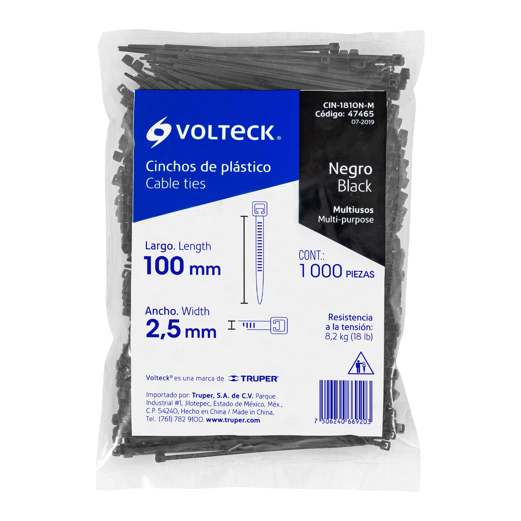 Bolsa con 1000 cinchos plásticos 18 lb, 100x2.5 mm, negros | CIN-1810N-M | 47465