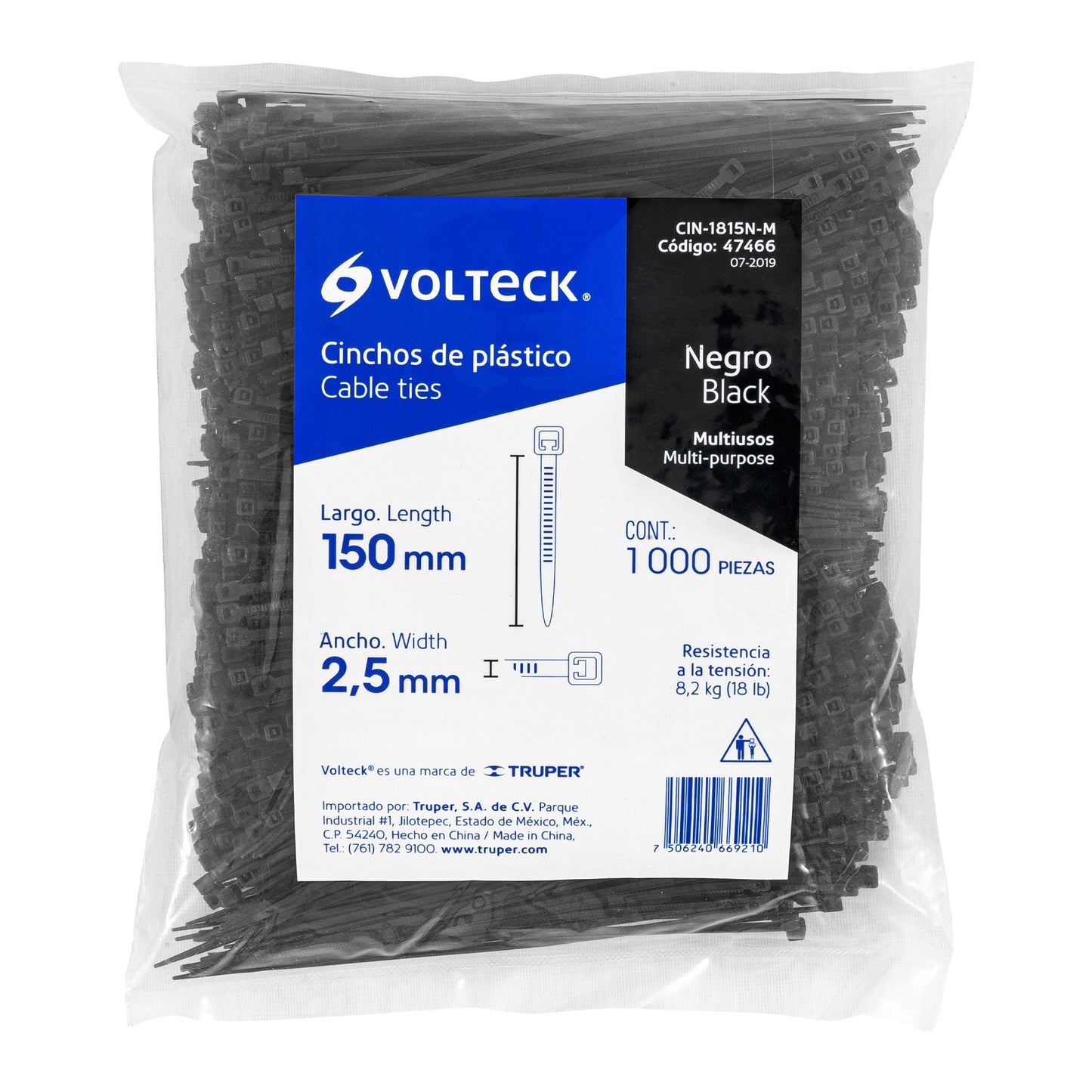 Bolsa con 1000 cinchos plásticos 18 lb, 150x2.5 mm, negros | CIN-1815N-M | 47466