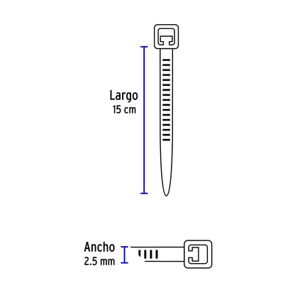 Bolsa con 1000 cinchos plásticos 18 lb, 150x2.5 mm, negros | CIN-1815N-M | 47466
