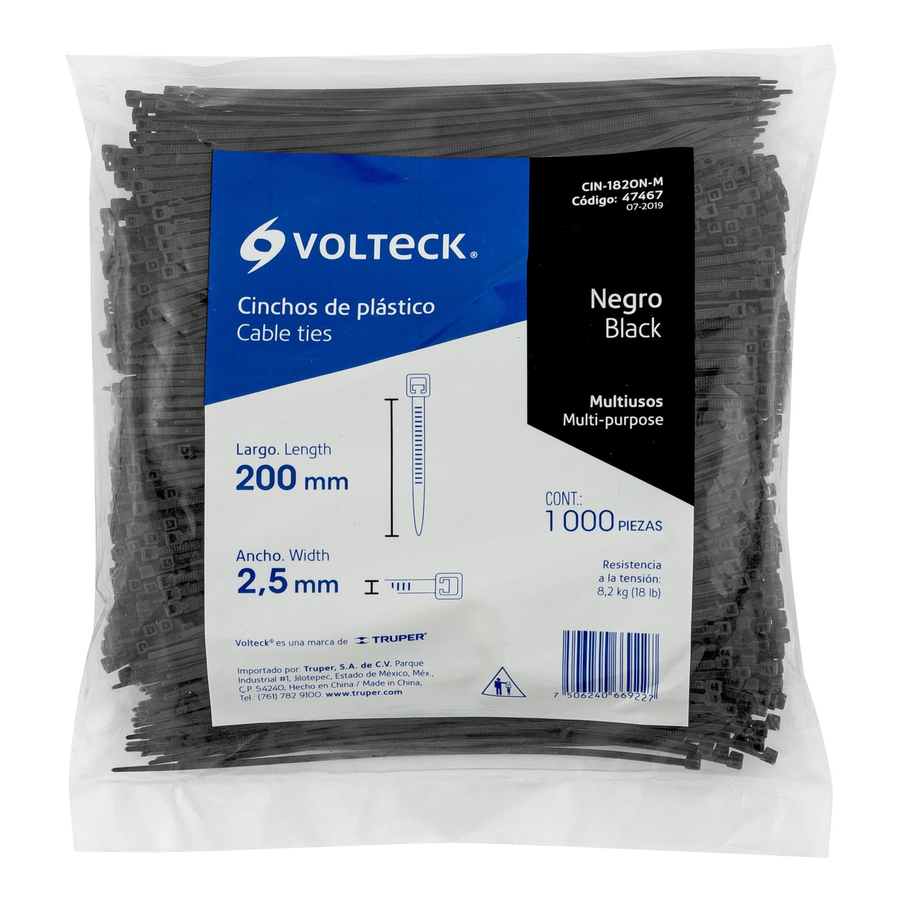 Bolsa con 1000 cinchos plásticos 18 lb, 200x2.5 mm, negros | CIN-1820N-M | 47467