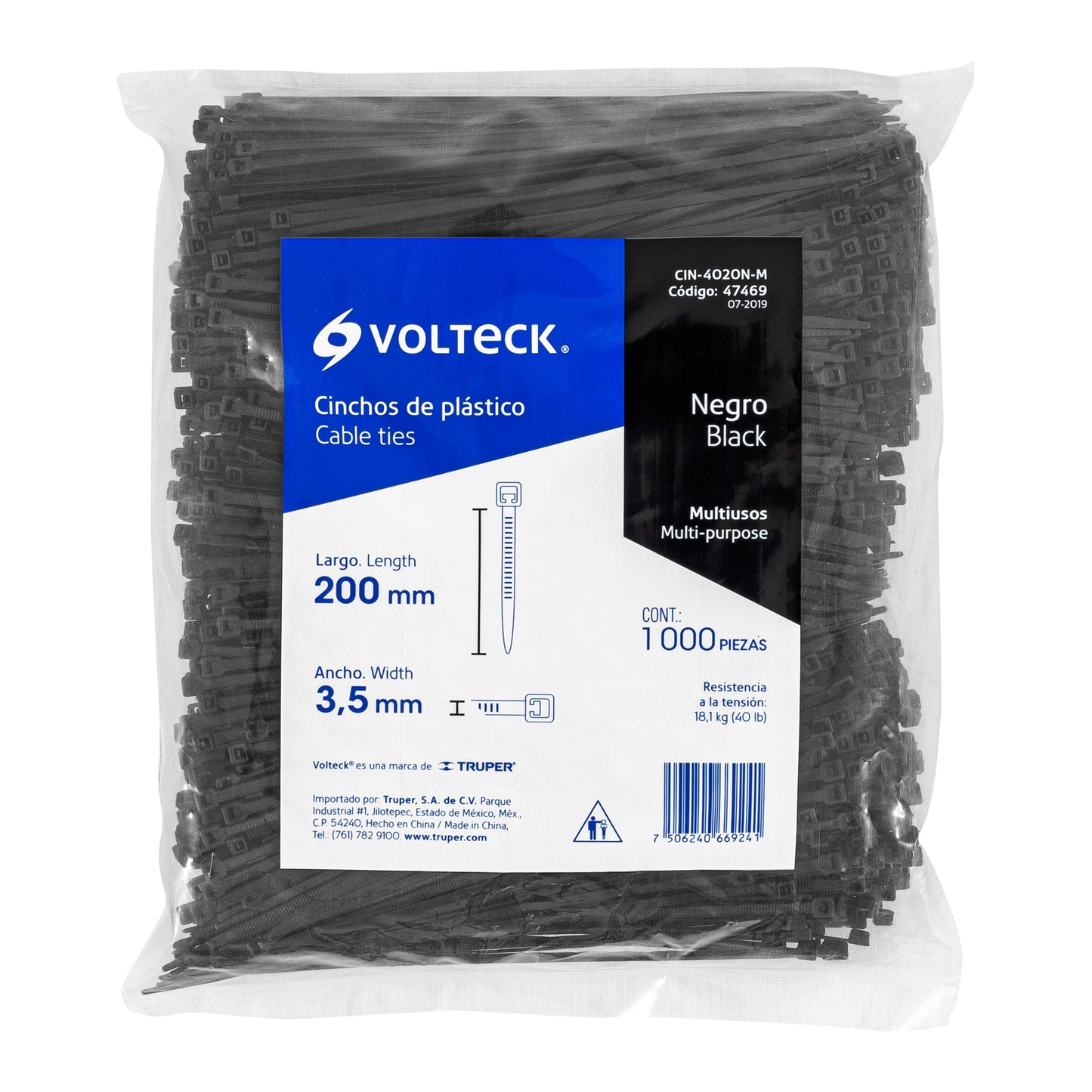 Bolsa con 1000 cinchos plásticos 40 lb, 200x3.5 mm, negros | CIN-4020N-M | 47469