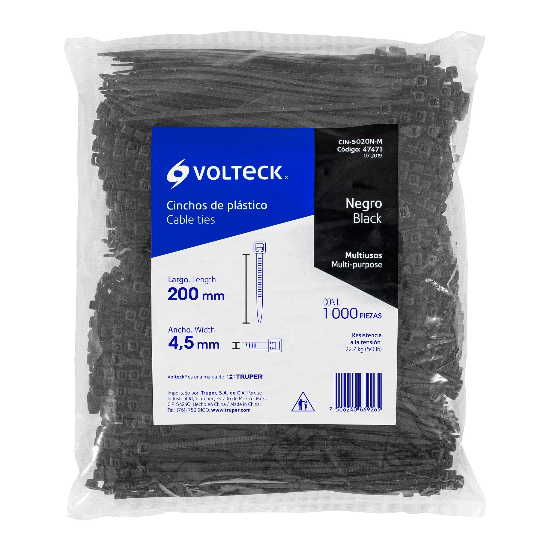 Bolsa con 1000 cinchos plásticos 50 lb, 200x4.5 mm, negros | CIN-5020N-M | 47471
