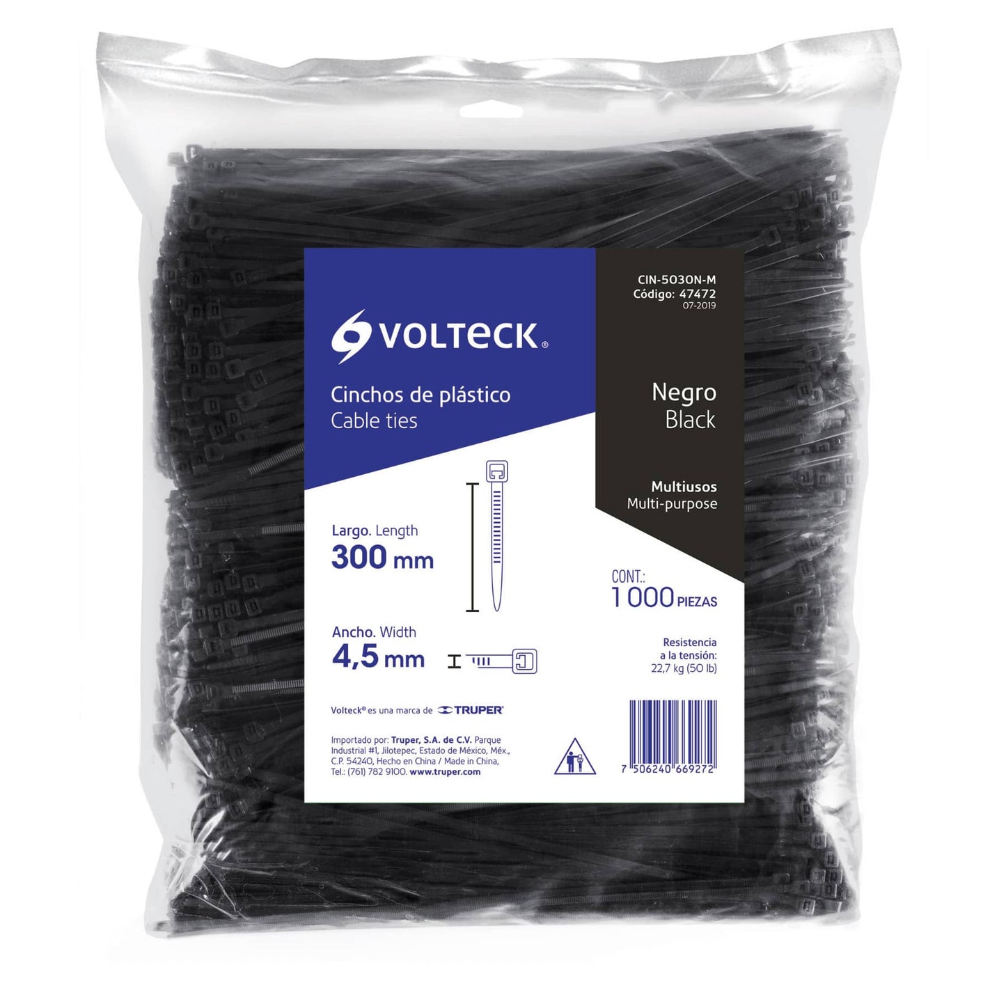 Bolsa con 1000 cinchos plásticos 50 lb, 300x4.5 mm, negros | CIN-5030N-M | 47472