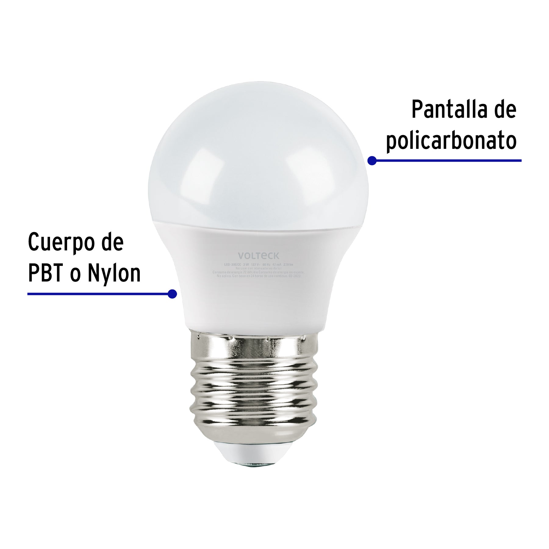 Lámpara LED G45 3 W (equiv. 25 W), luz cálida, caja, Volteck | LED-30GCC | 47543
