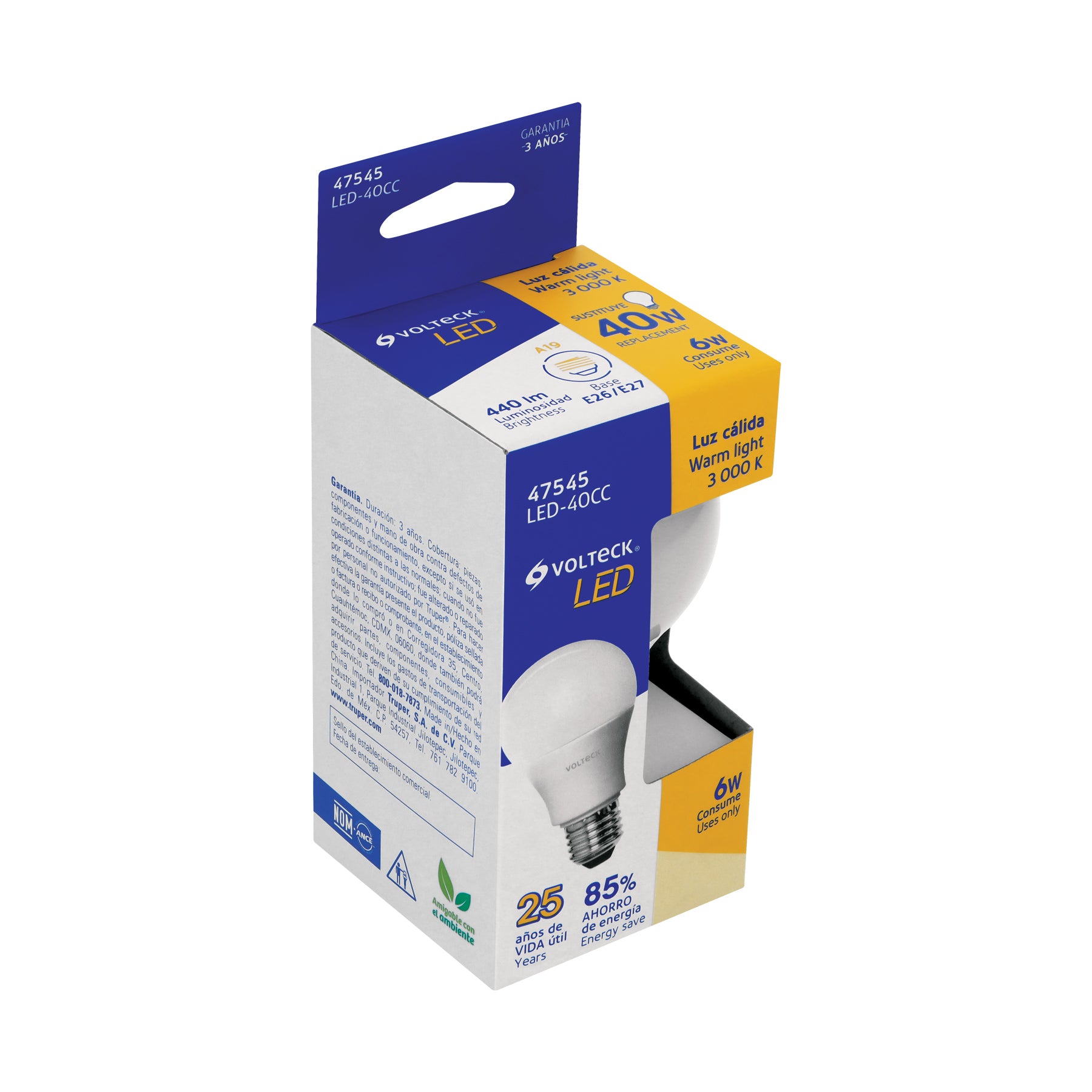 Lámpara LED tipo bulbo A19 6 W luz cálida, caja, Volteck | LED-40CC | 47545