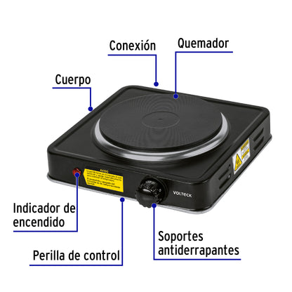 Parrilla eléctrica 1 quemador de disco, negra, VOLTECK | PAEL-1CDN | 47554