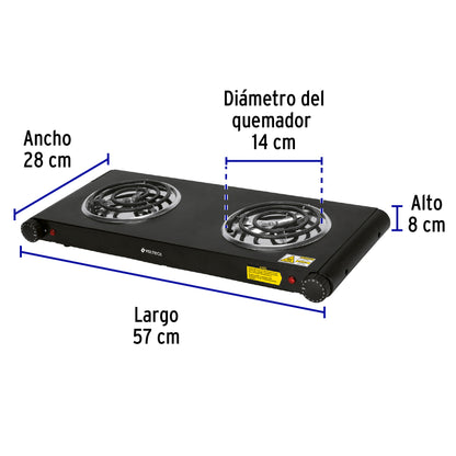 Parrilla eléctrica 2 quemadores en espiral, negra, VOLTECK | PAEL-2CN | 47555