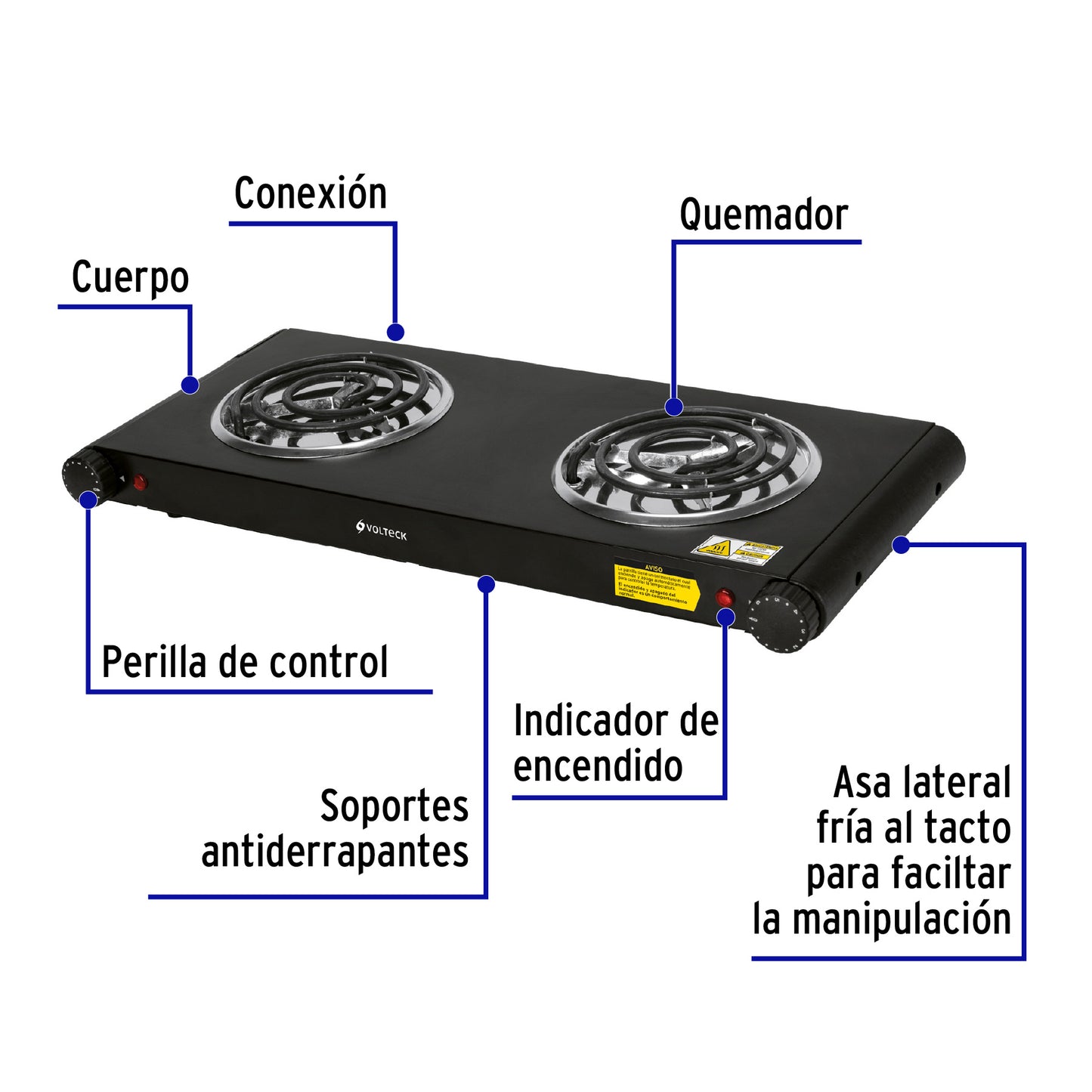 Parrilla eléctrica 2 quemadores en espiral, negra, VOLTECK | PAEL-2CN | 47555