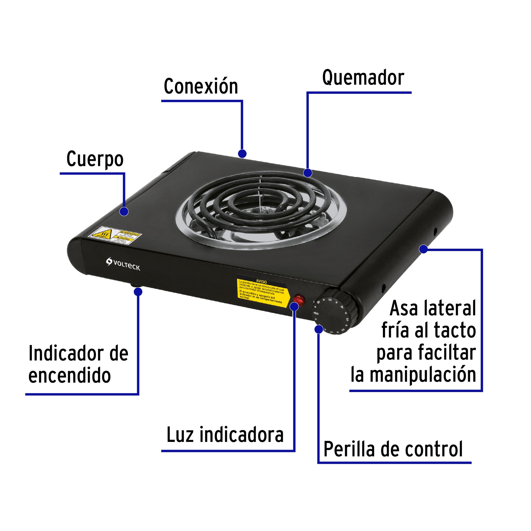 Parrilla eléctrica 1 quemador espiral, negra, VOLTECK | PAEL-1CN | 47556