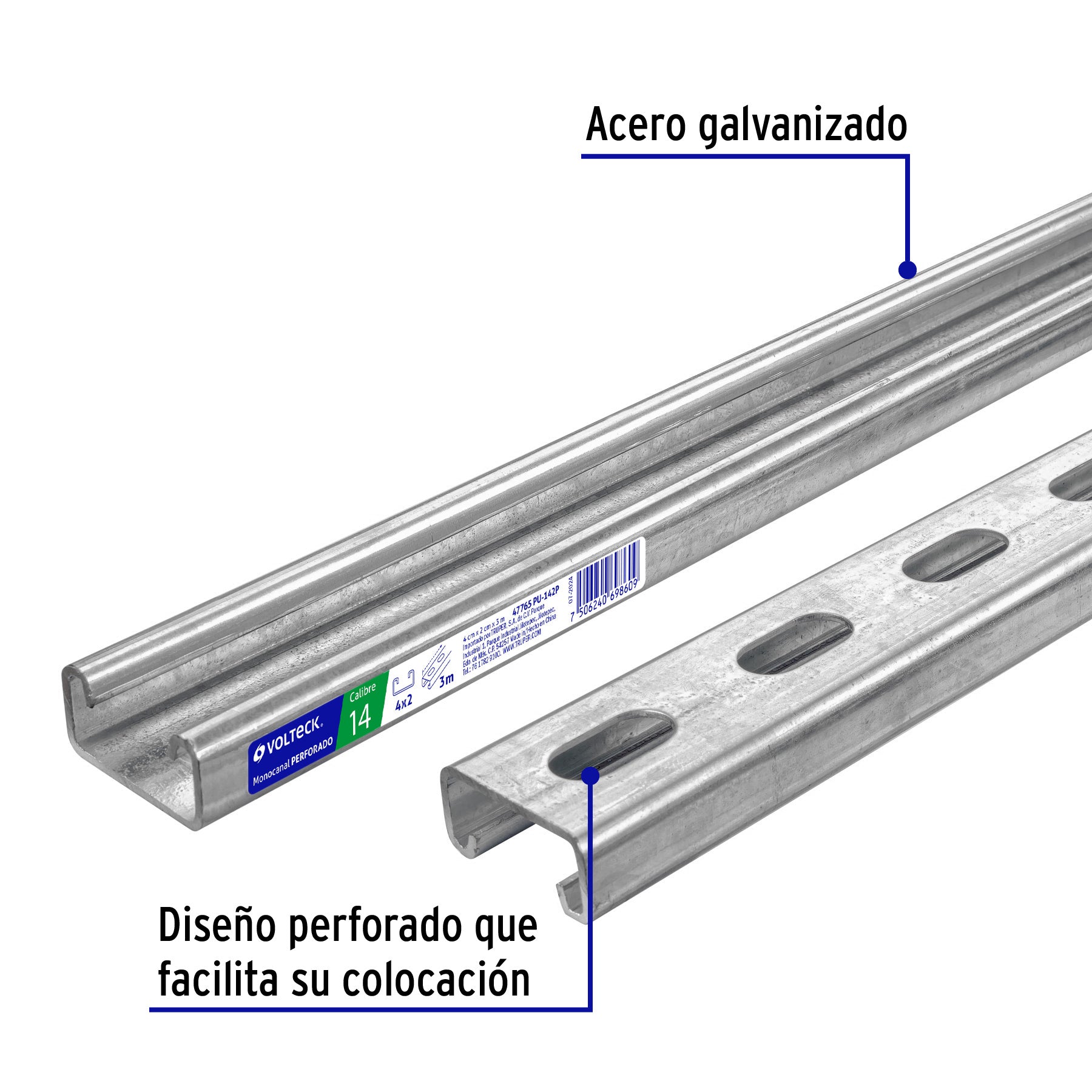 Perfil monocanal perforado de 3 m, 4 x 2 cm cal. 14, VOLTECK | PU-142P | 47765