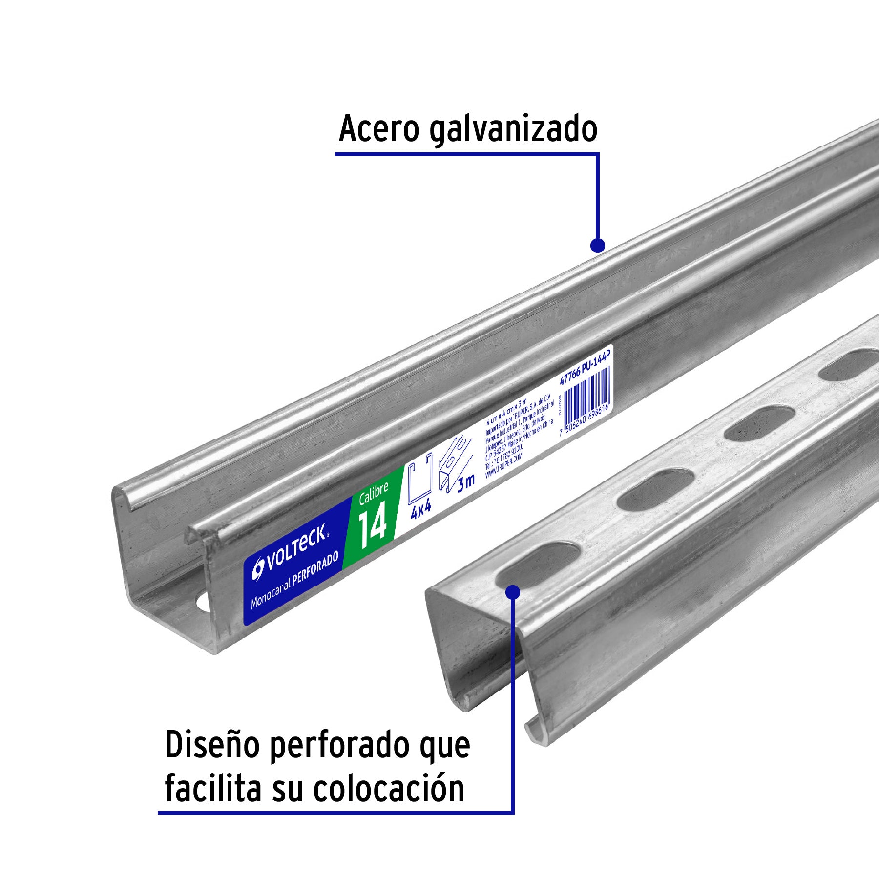 Perfil monocanal perforado de 3 m, 4 x 4 cm cal. 14, VOLTECK | PU-144P | 47766
