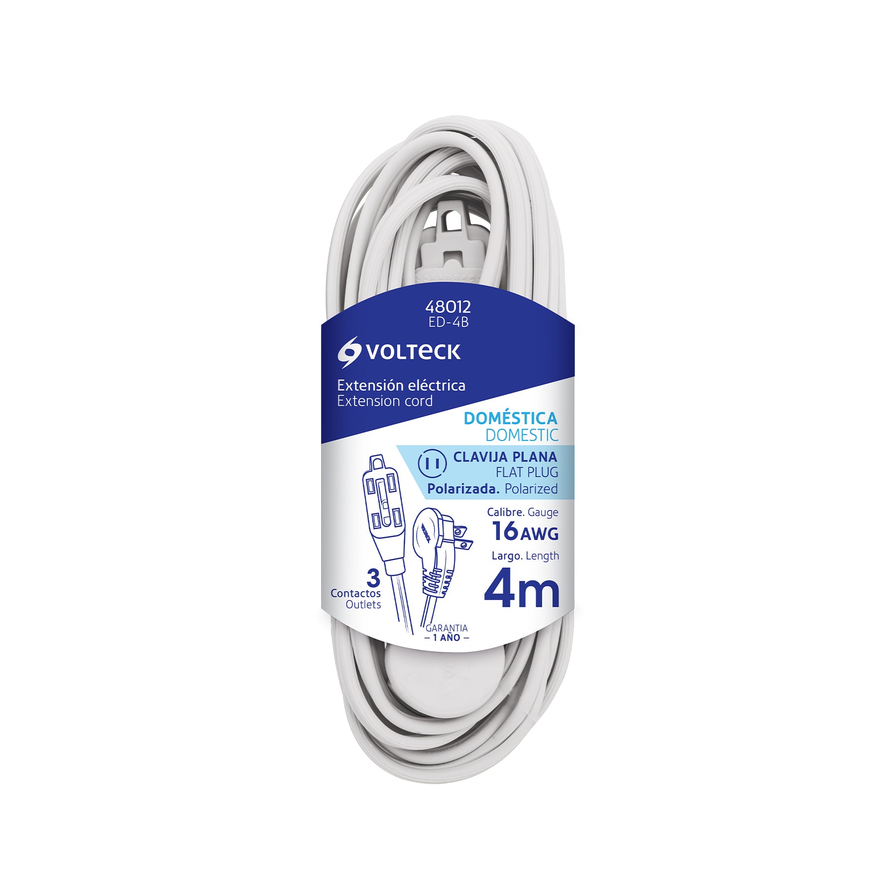 Extensión eléctrica doméstica 2 m clavija plana, blanca | ED-2B | 48000